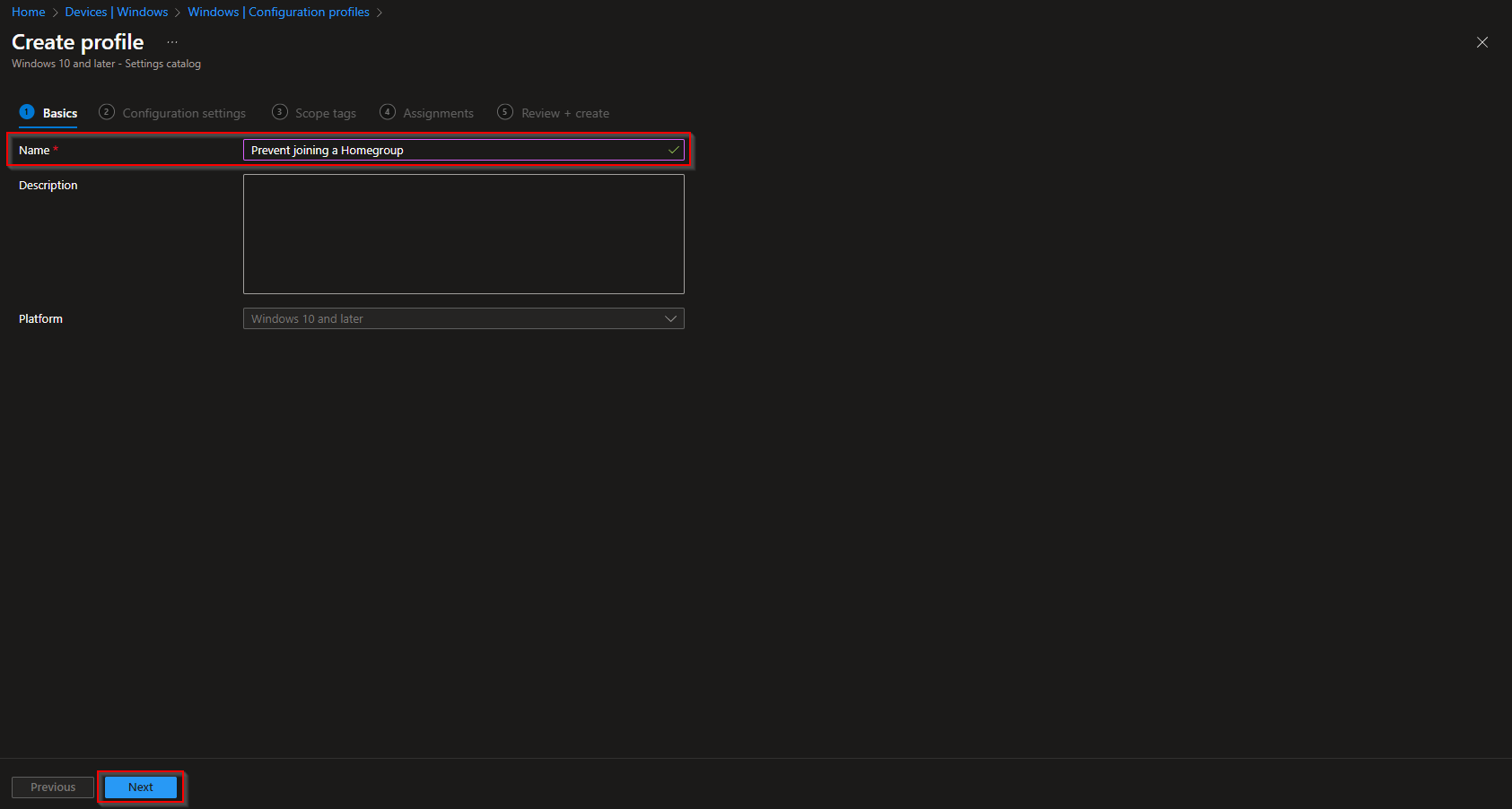 Configuration profile Basics tab with name and description